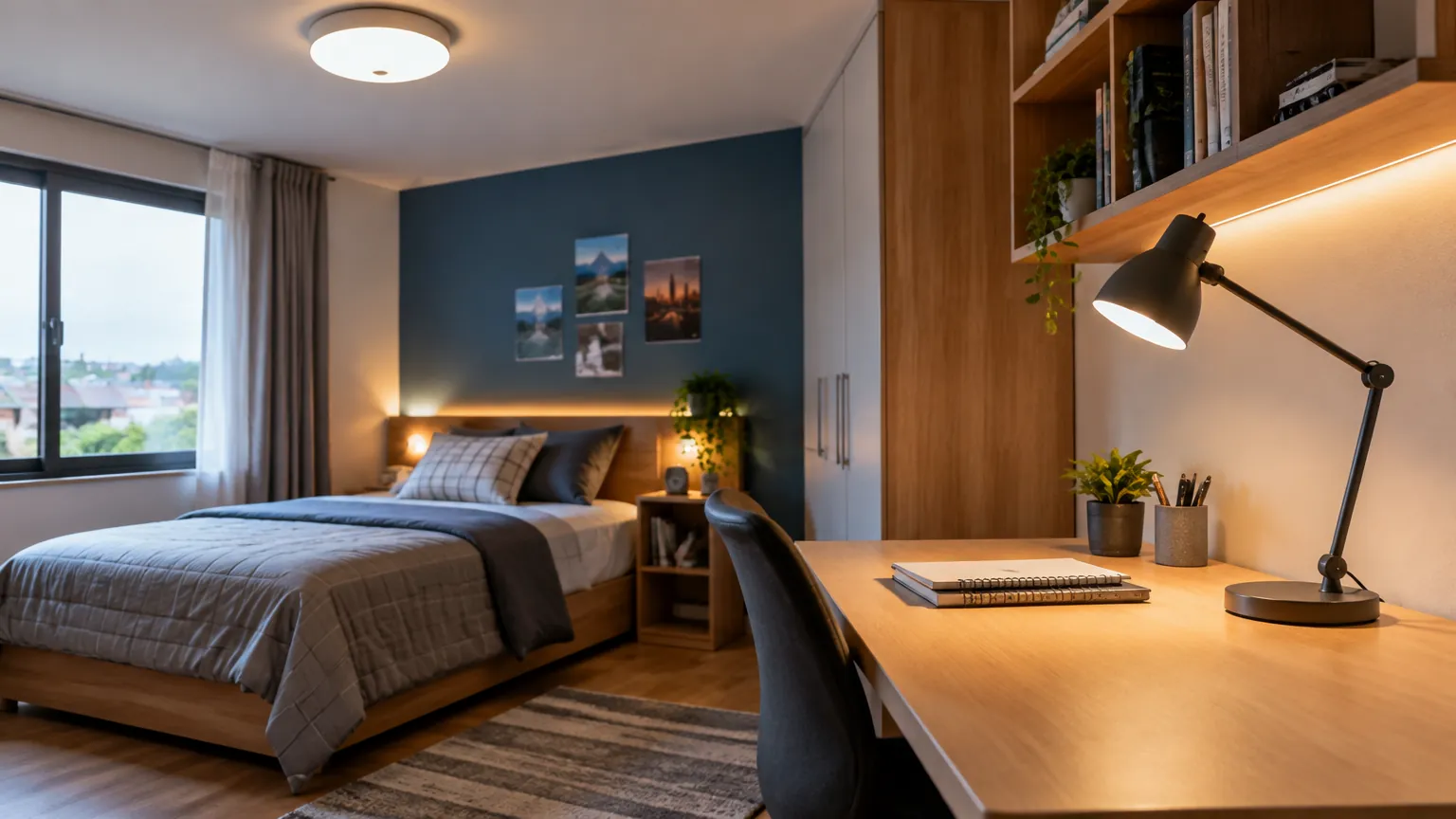 Kamar remaja dengan lampu meja dan lampu di samping tempat tidur