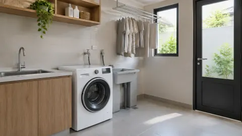 Mesin cuci dan bak cuci pada ruang laundry