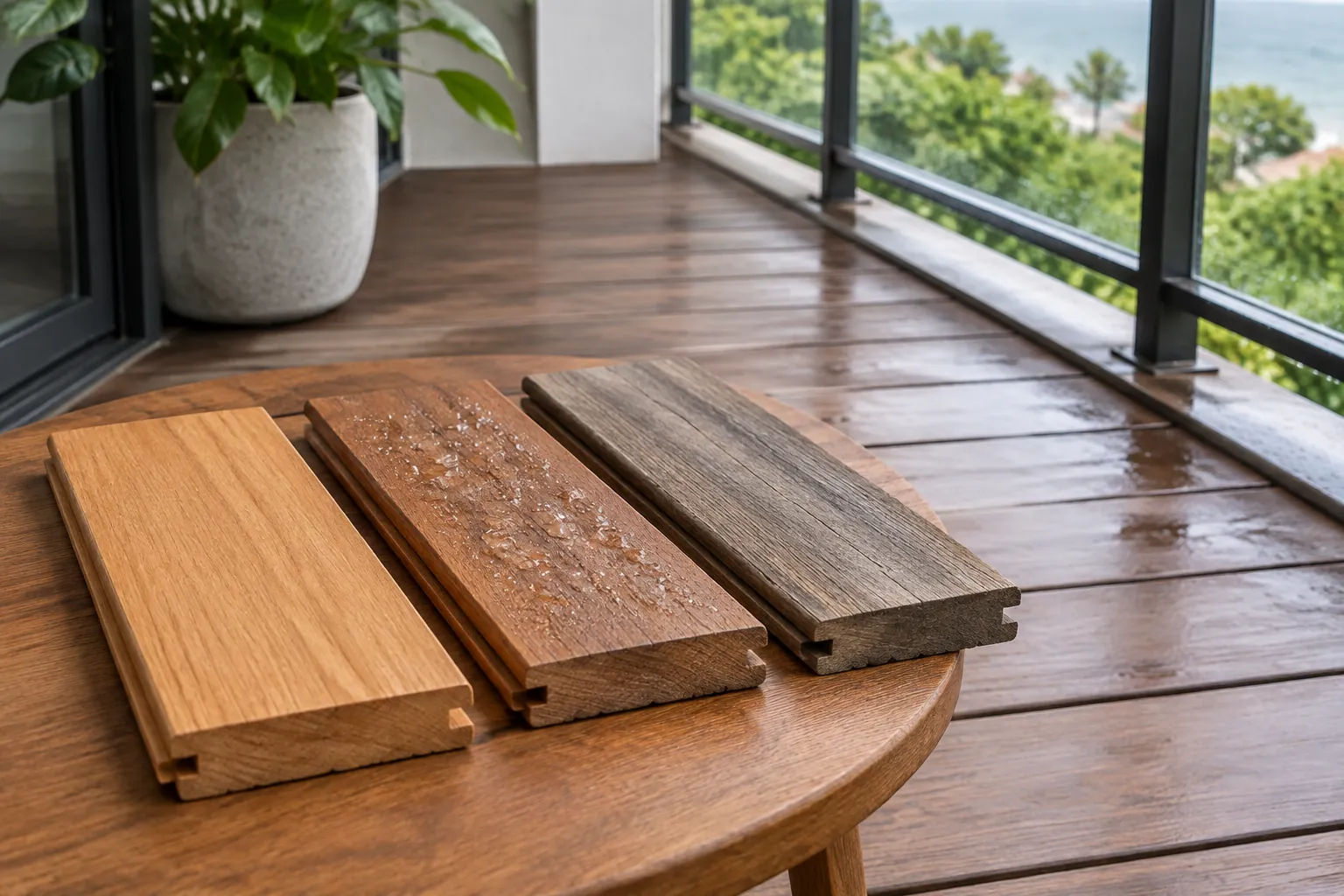 Sampel papan kayu di atas meja pada balkon