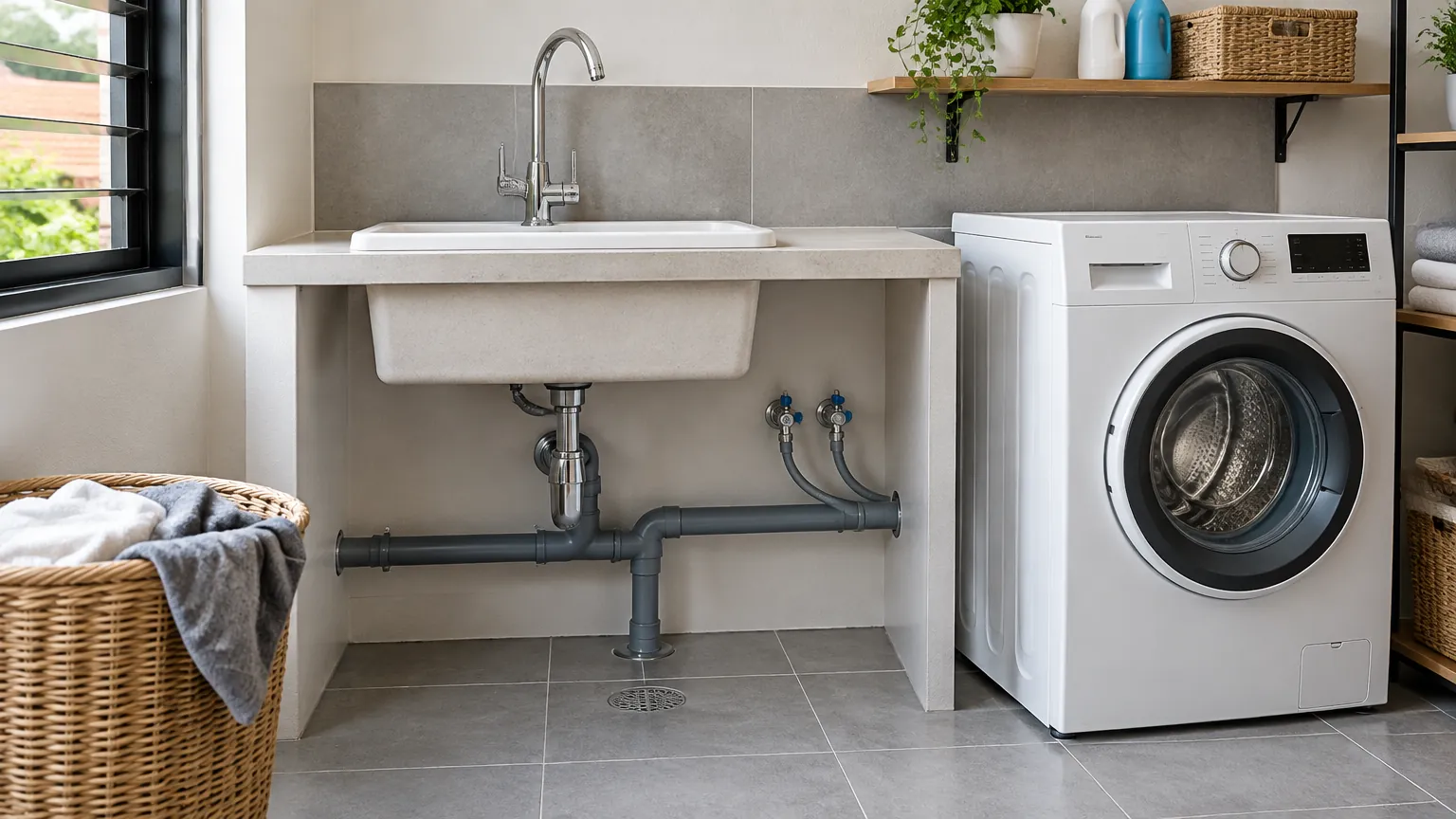 Bak cuci dengan jalur pipa terbuka di ruang laundry