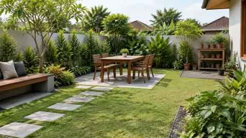 Taman rumah dengan jalur pijakan, area duduk, dan tanaman
