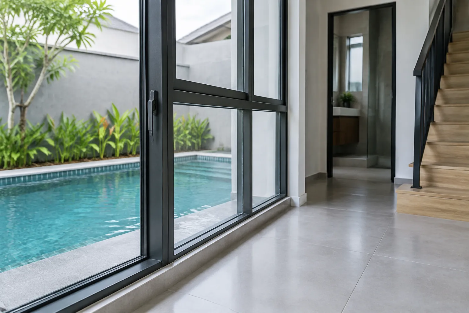 Pintu kaca lebar menghadap kolam dari ruang dalam