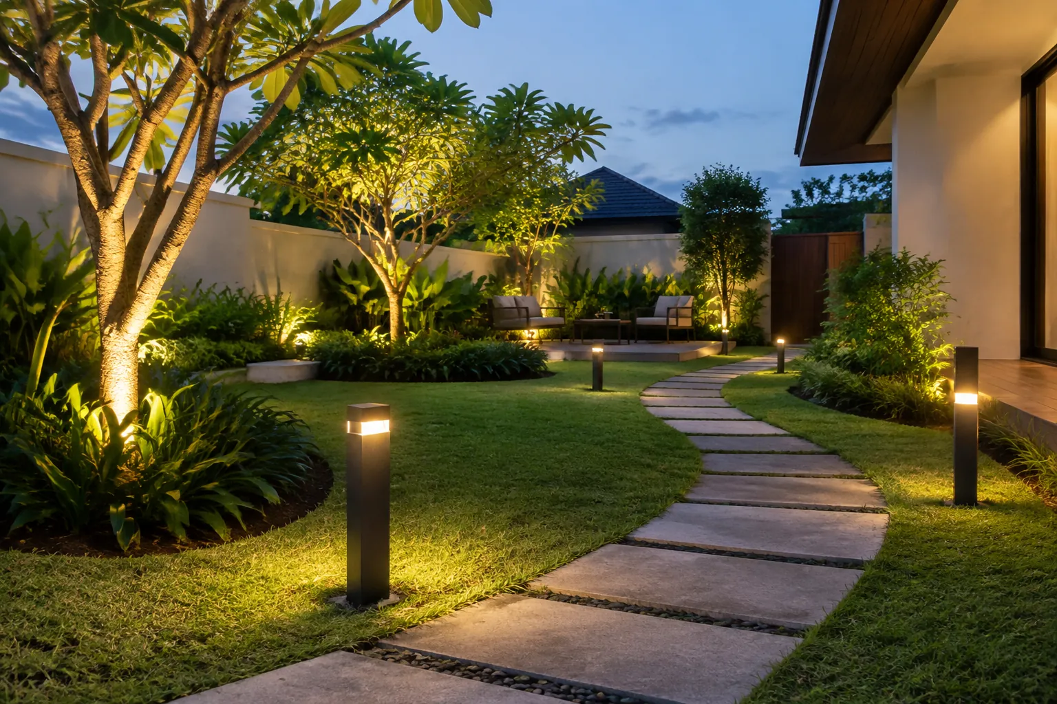 Lampu jalur dan sorot pohon menerangi taman rumah
