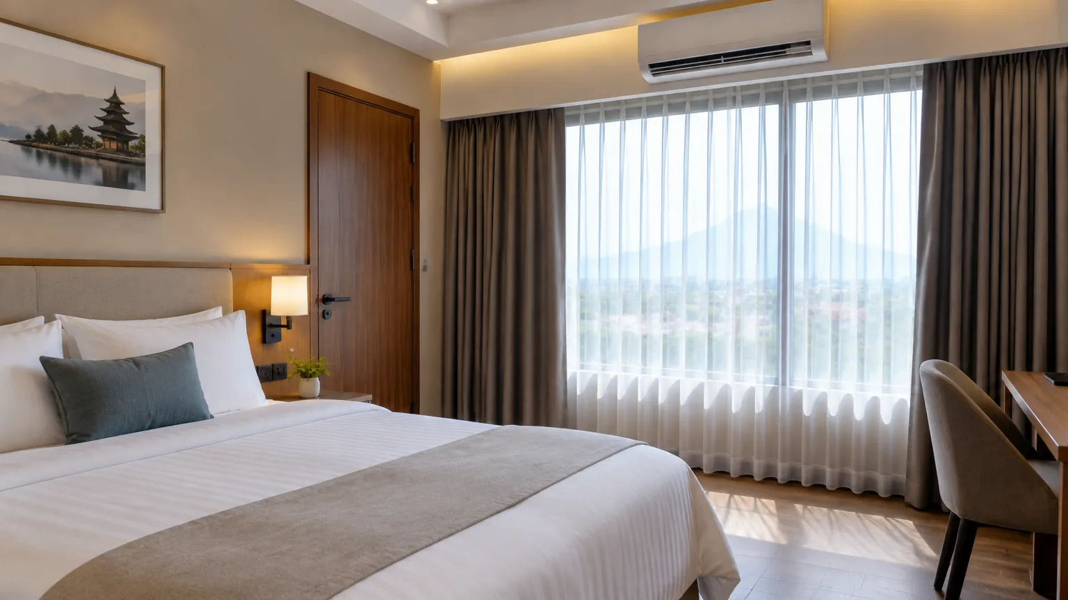 Kamar hotel dengan jendela besar dan pendingin udara