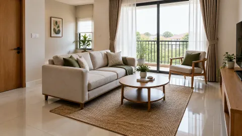 Sofa dan meja kopi di depan jendela ruang tamu