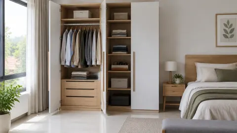 Lemari kayu dengan rak terbuka di kamar tidur
