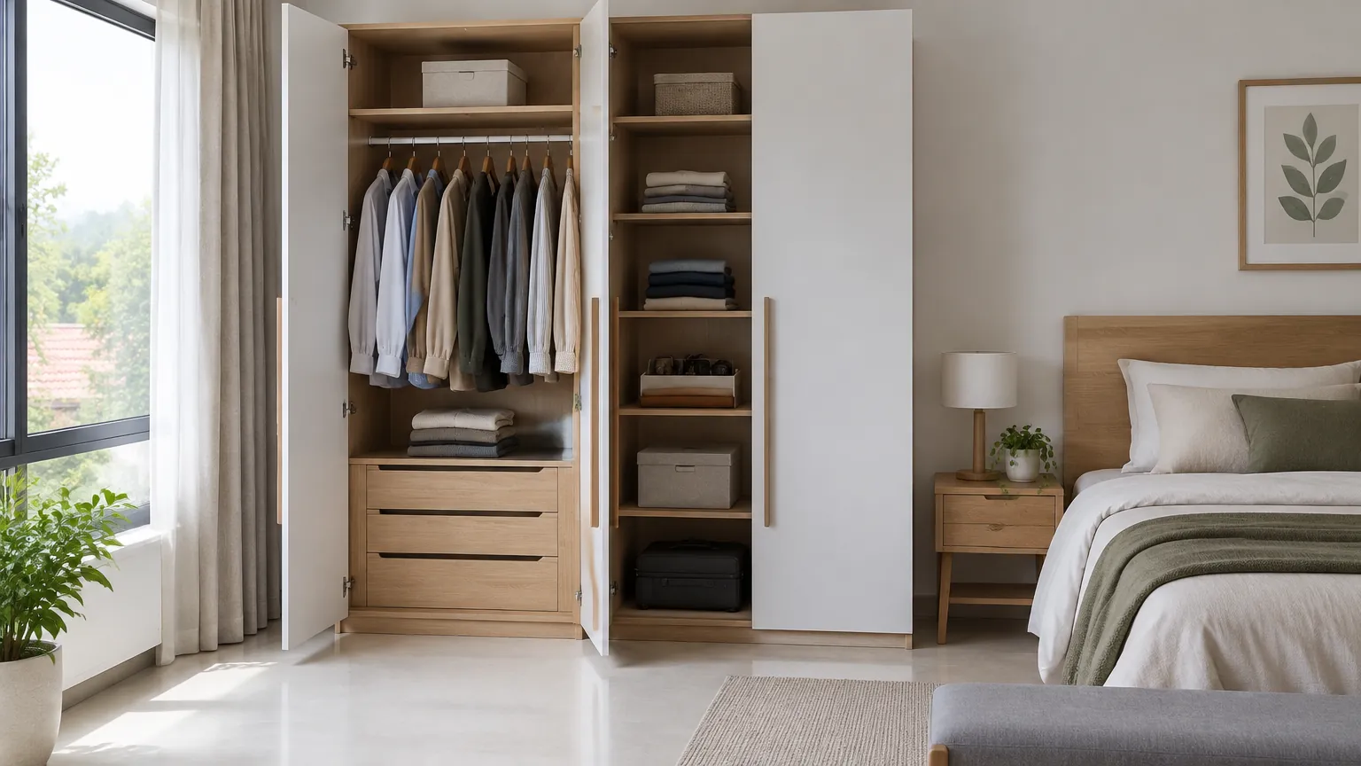 Lemari kayu dengan rak terbuka di kamar tidur