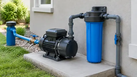 Pompa air dan tabung filter pada dinding rumah