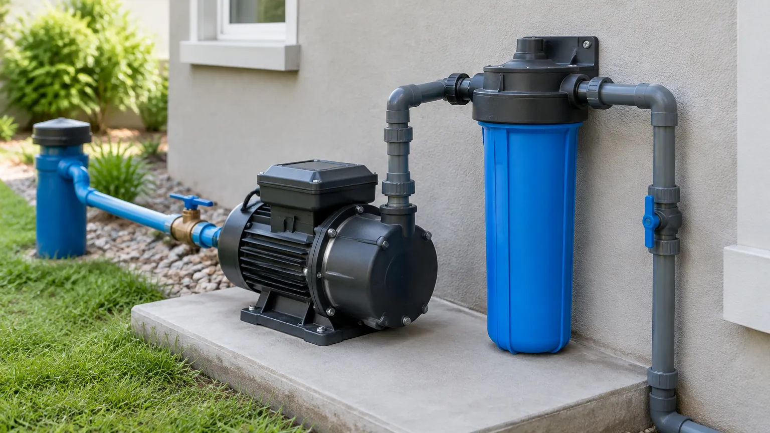 Pompa air dan tabung filter pada dinding rumah