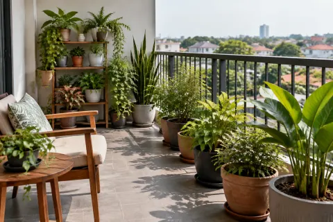 Tanaman pot di balkon terbuka dengan area duduk