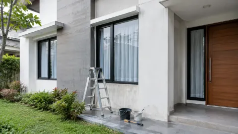 Fasad rumah dengan tangga kerja dan area permukaan yang sedang dirawat