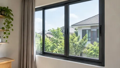 Jendela kaca berbingkai gelap pada ruang keluarga