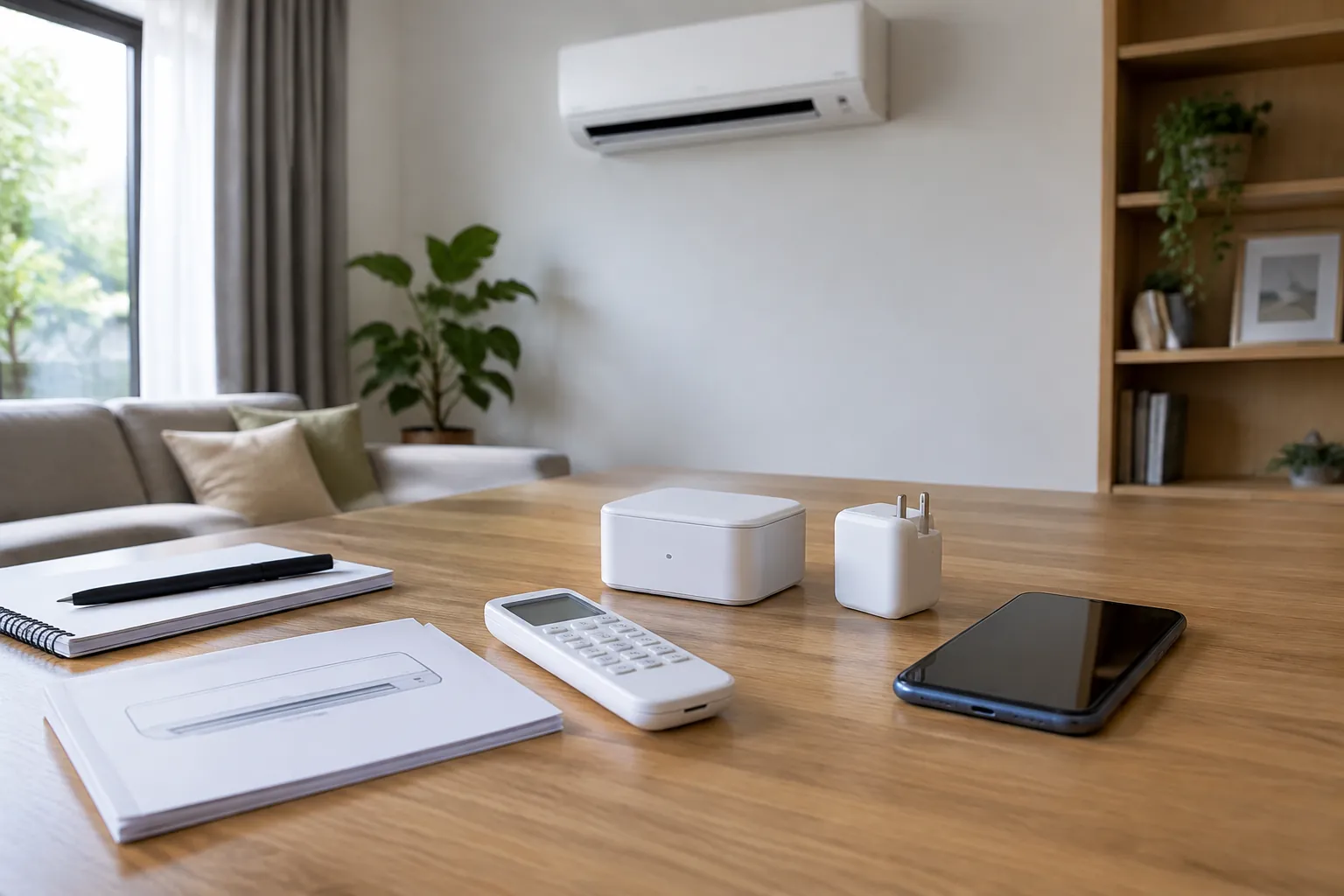 Perangkat kendali dan remote AC diletakkan bersama di meja