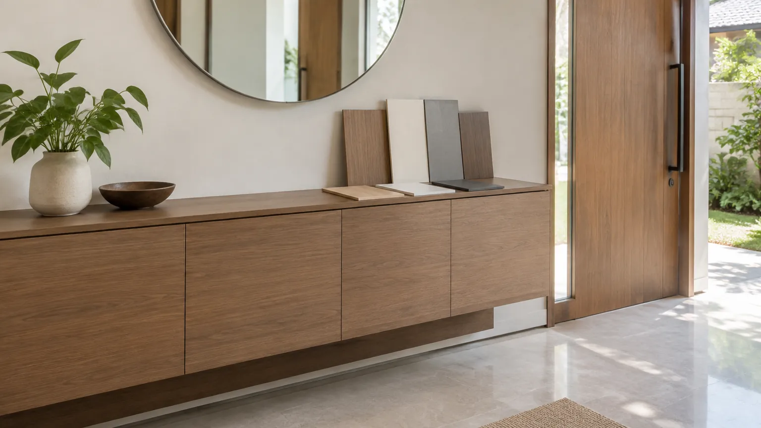 Kabinet foyer kayu dengan beberapa sampel finishing di atasnya