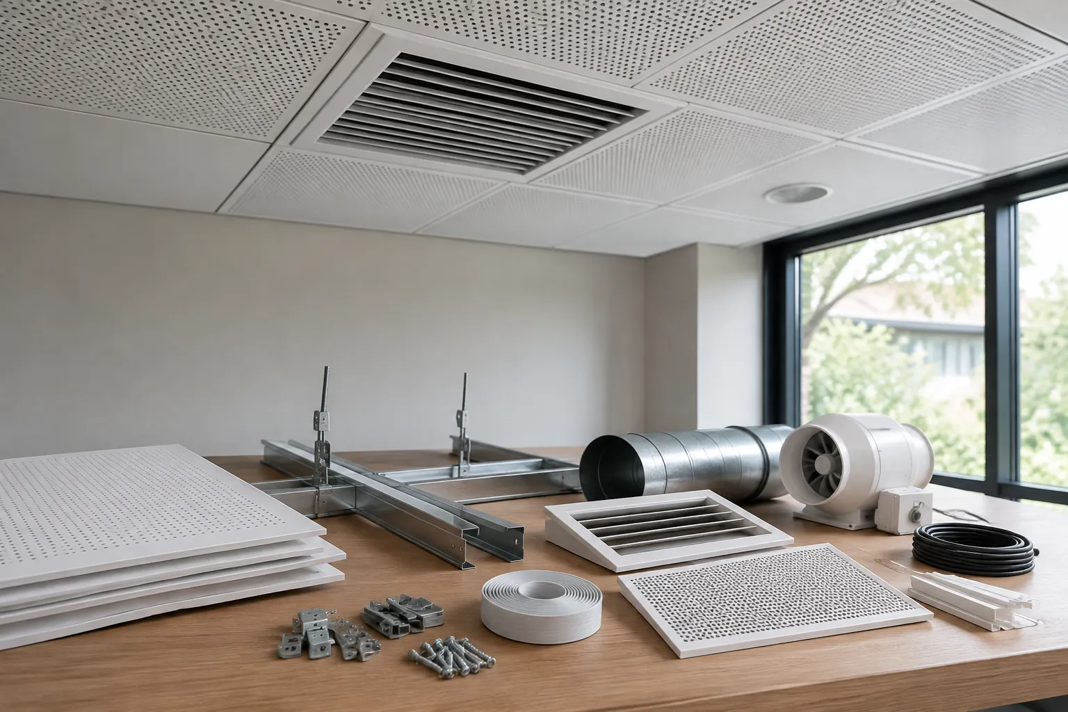 Contoh kisi plafon, rangka dan komponen ventilasi di atas meja