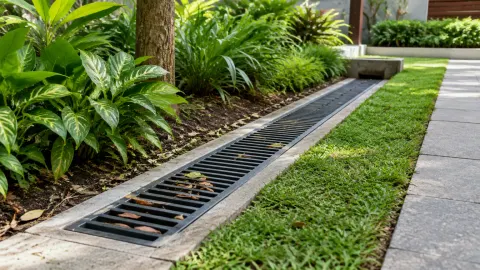Saluran drainase memanjang di tepi taman