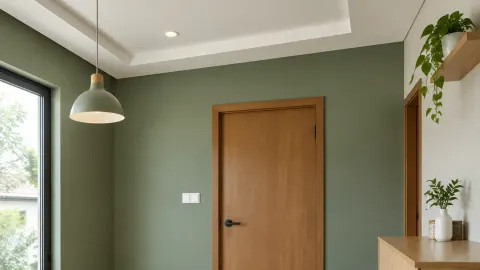 Dinding hijau dan pintu kayu pada ruang dalam