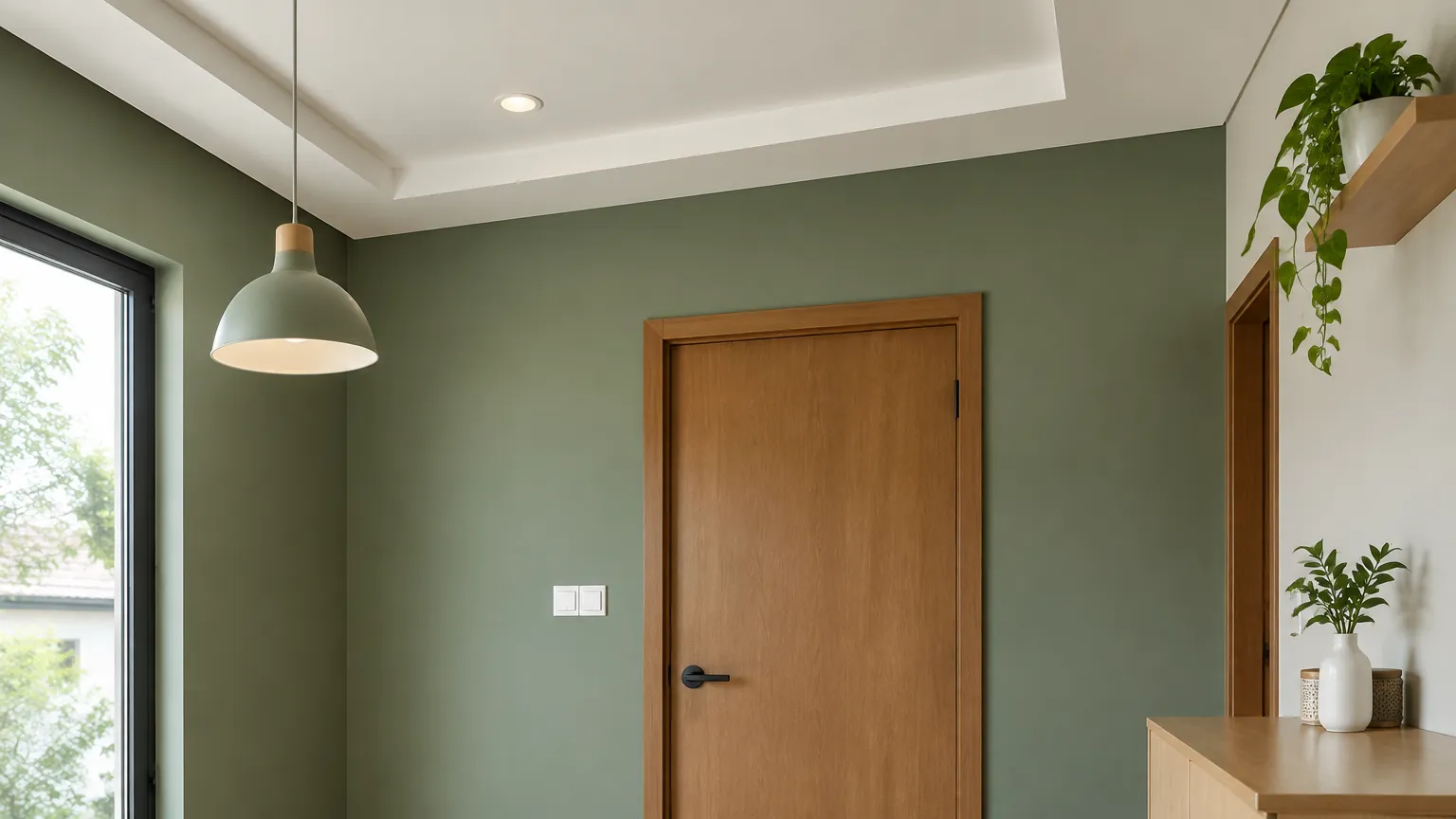 Dinding hijau dan pintu kayu pada ruang dalam