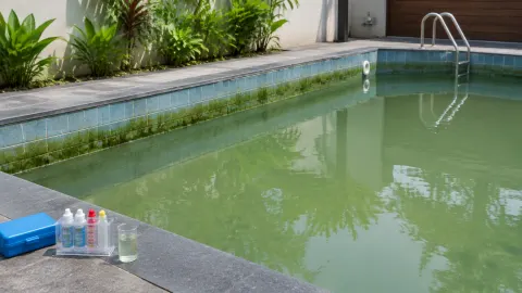 Air kolam kehijauan dengan lumut pada dinding dan alat perawatan di tepi