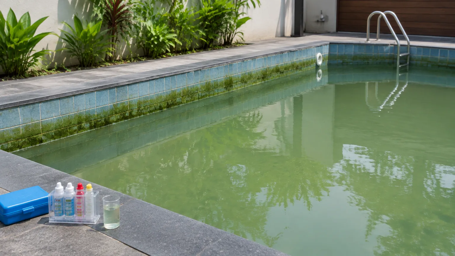 Air kolam kehijauan dengan lumut pada dinding dan alat perawatan di tepi
