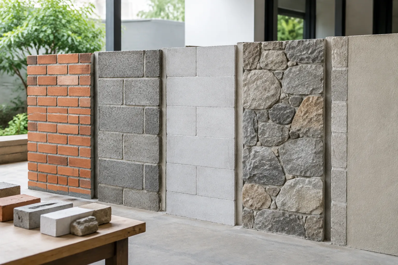 Contoh bata, beton, panel putih, dan batu tersusun sebagai pilihan dinding