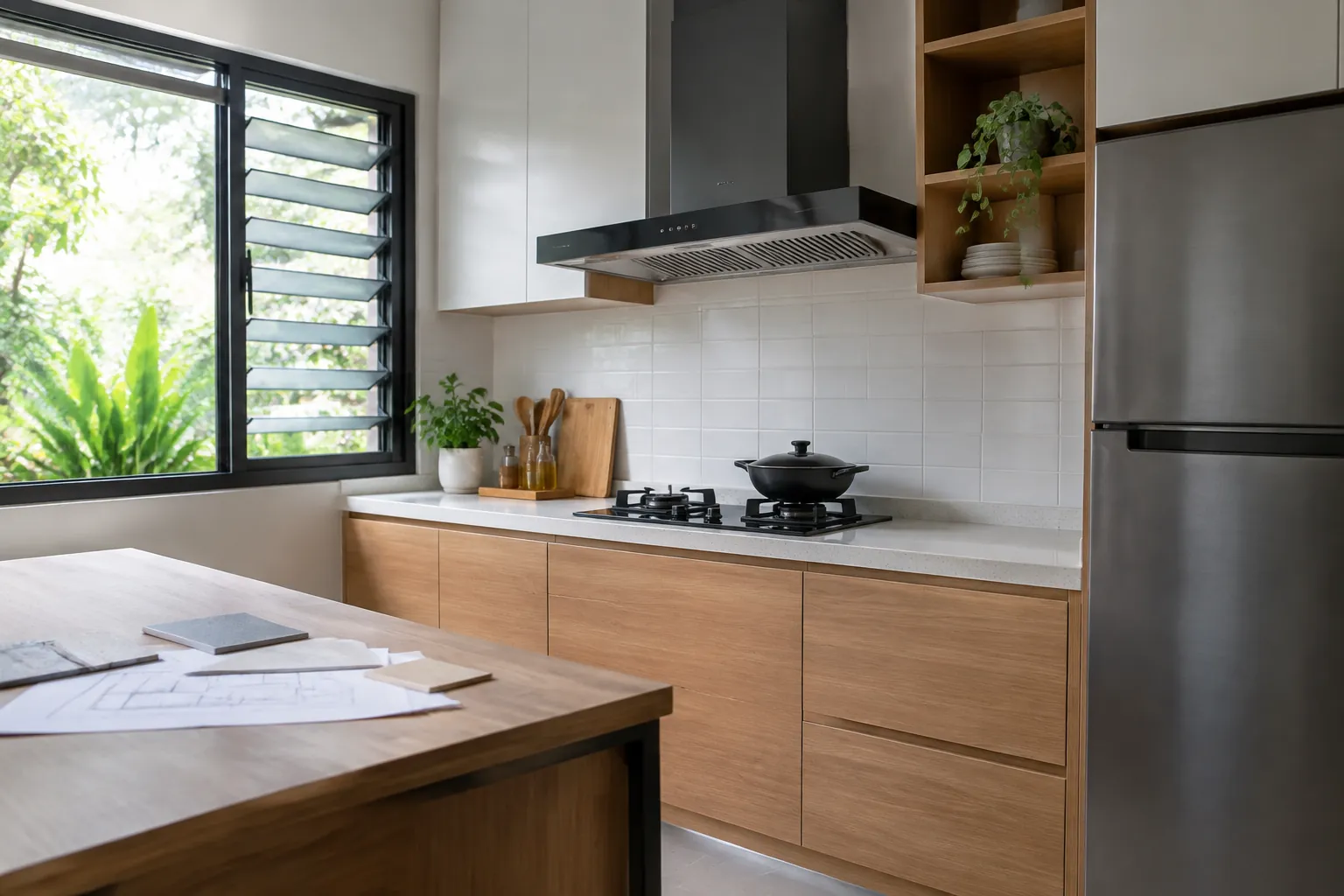 Dapur dengan jendela berkisi dan pengisap asap di atas kompor.