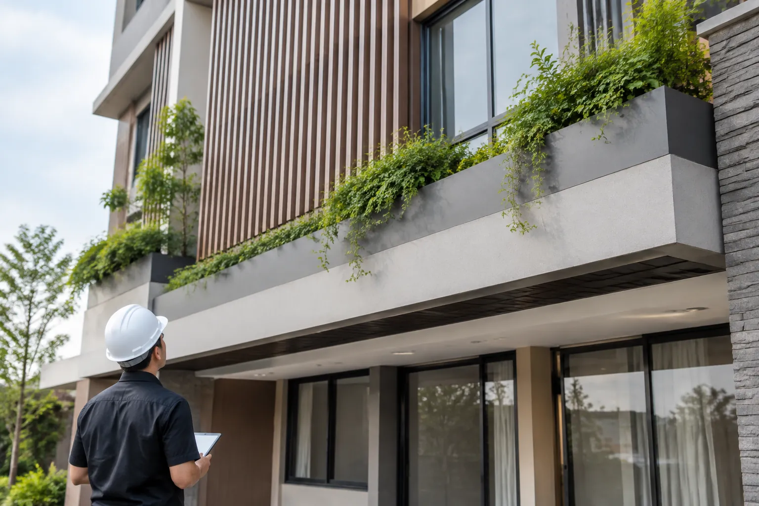Pemeriksa di tanah meninjau tanaman di tepi balkon fasad
