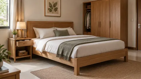 Tempat tidur kayu, lemari sebagian terbuka dan laci nakas di kamar tidur.