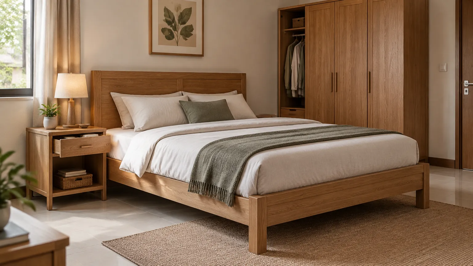 Tempat tidur kayu, lemari sebagian terbuka dan laci nakas di kamar tidur.