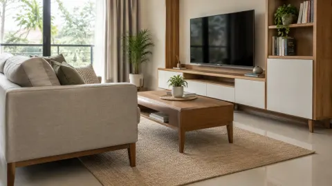 Ruang keluarga dengan kabinet televisi dan meja kayu