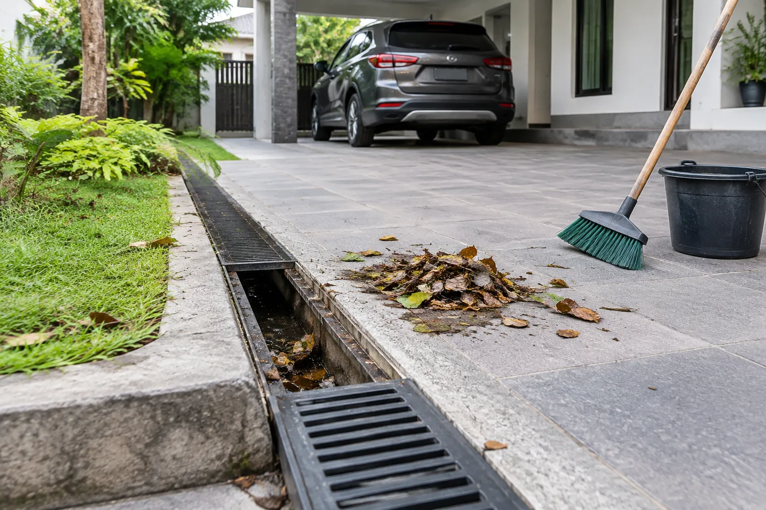 Daun kering dikumpulkan di samping kisi drain carport