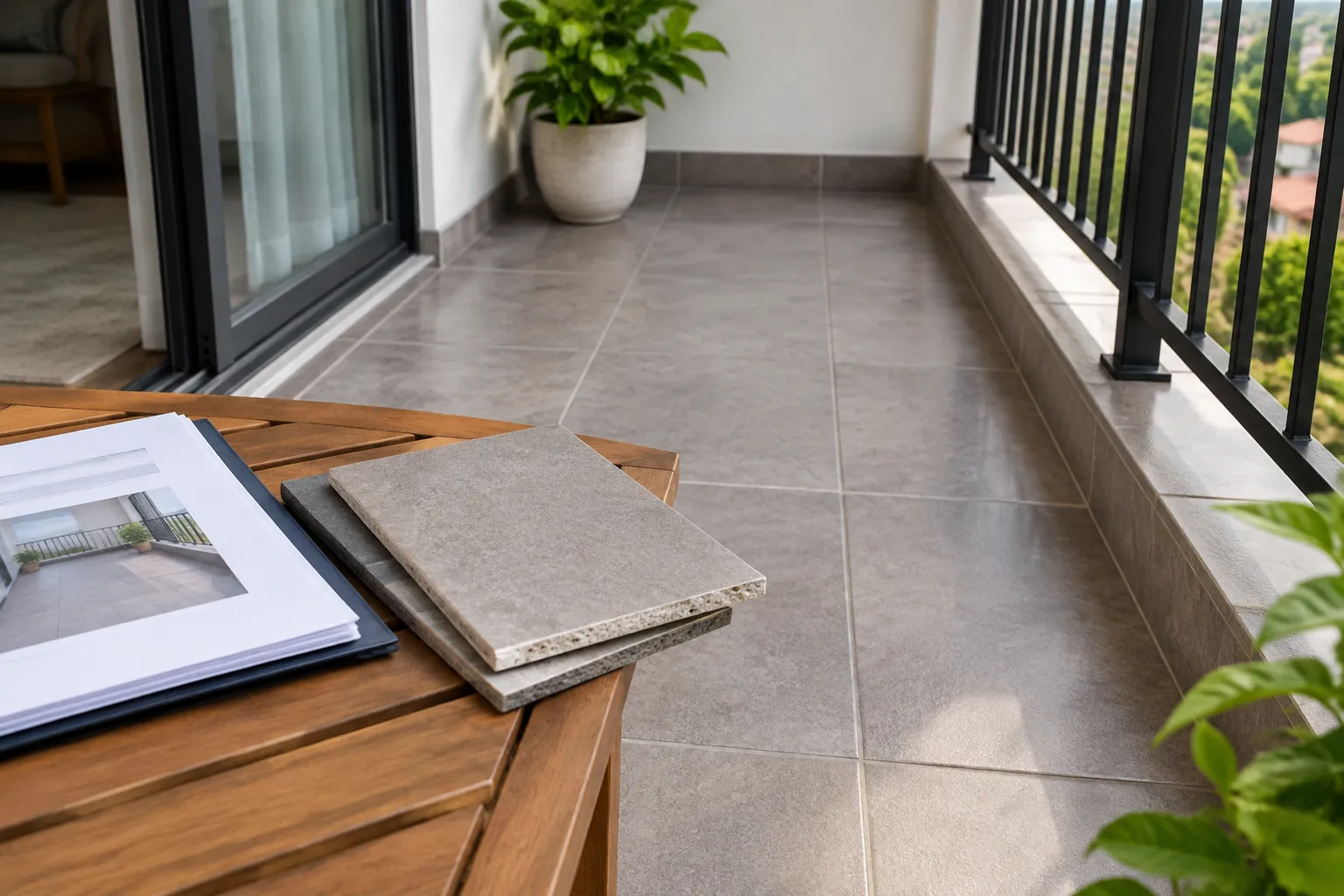 Sampel lantai dan gambar rencana diletakkan di balkon