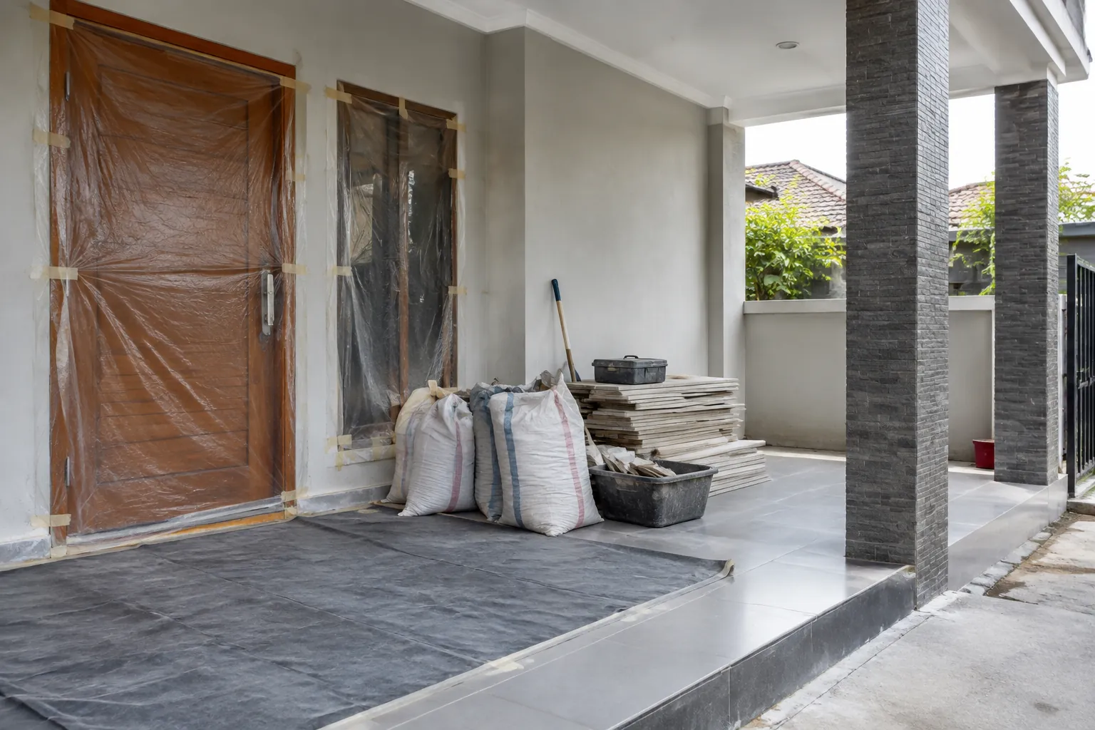 Teras rumah dalam pengerjaan dengan bahan dan alat kerja