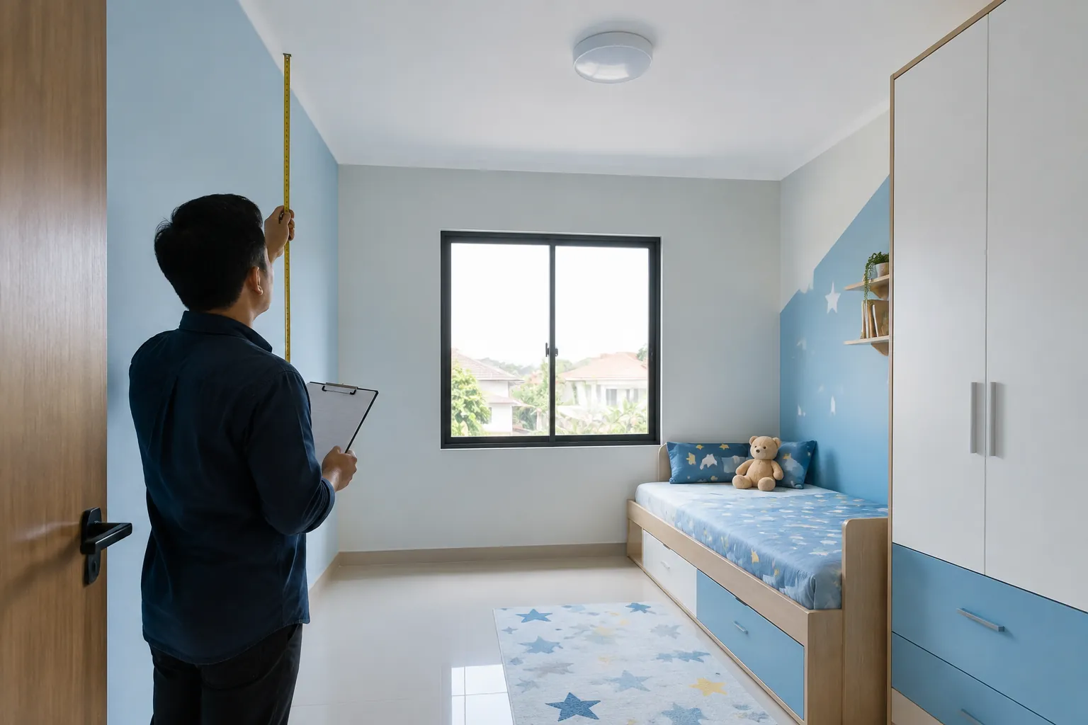 Pekerja mengukur dinding kamar anak dekat tempat tidur