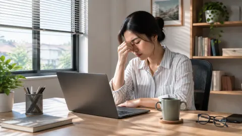 Seseorang memijat pelipis saat bekerja di depan laptop