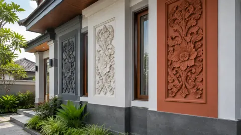 Tiga warna panel ornamen pada fasad rumah