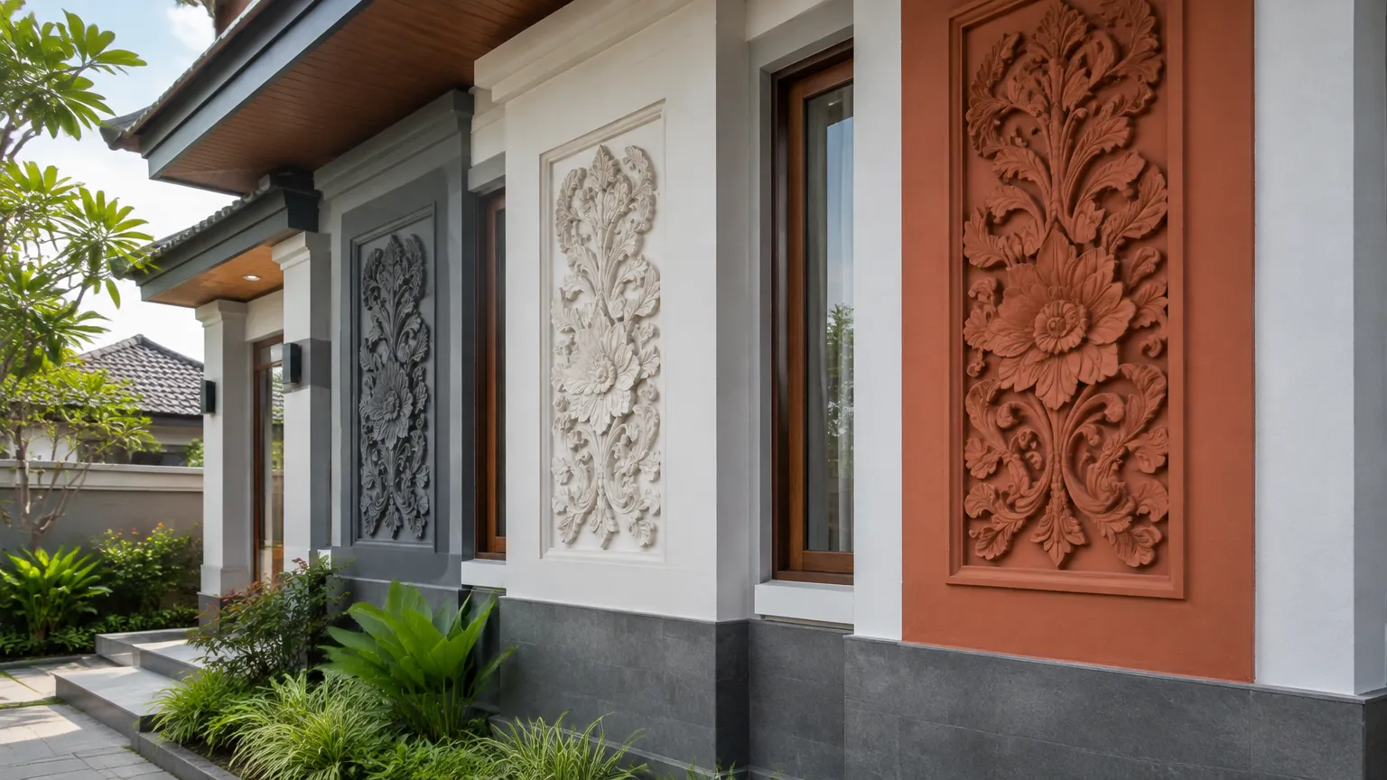 Tiga warna panel ornamen pada fasad rumah