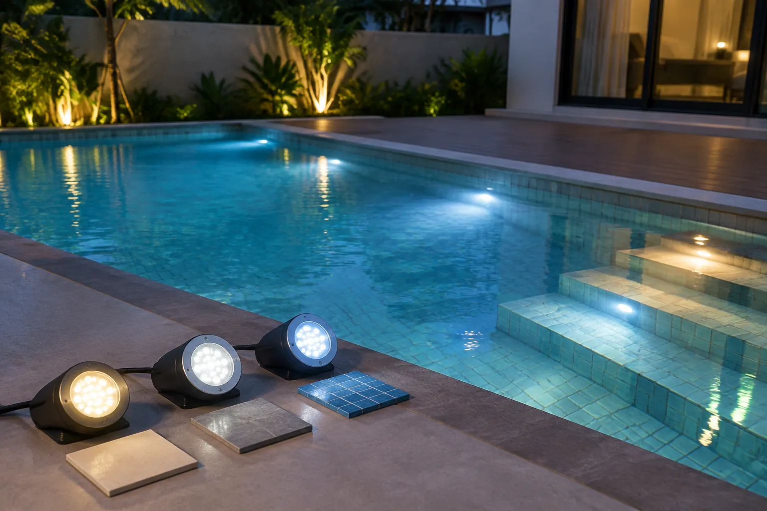 Sampel lampu kolam dengan warna cahaya berbeda