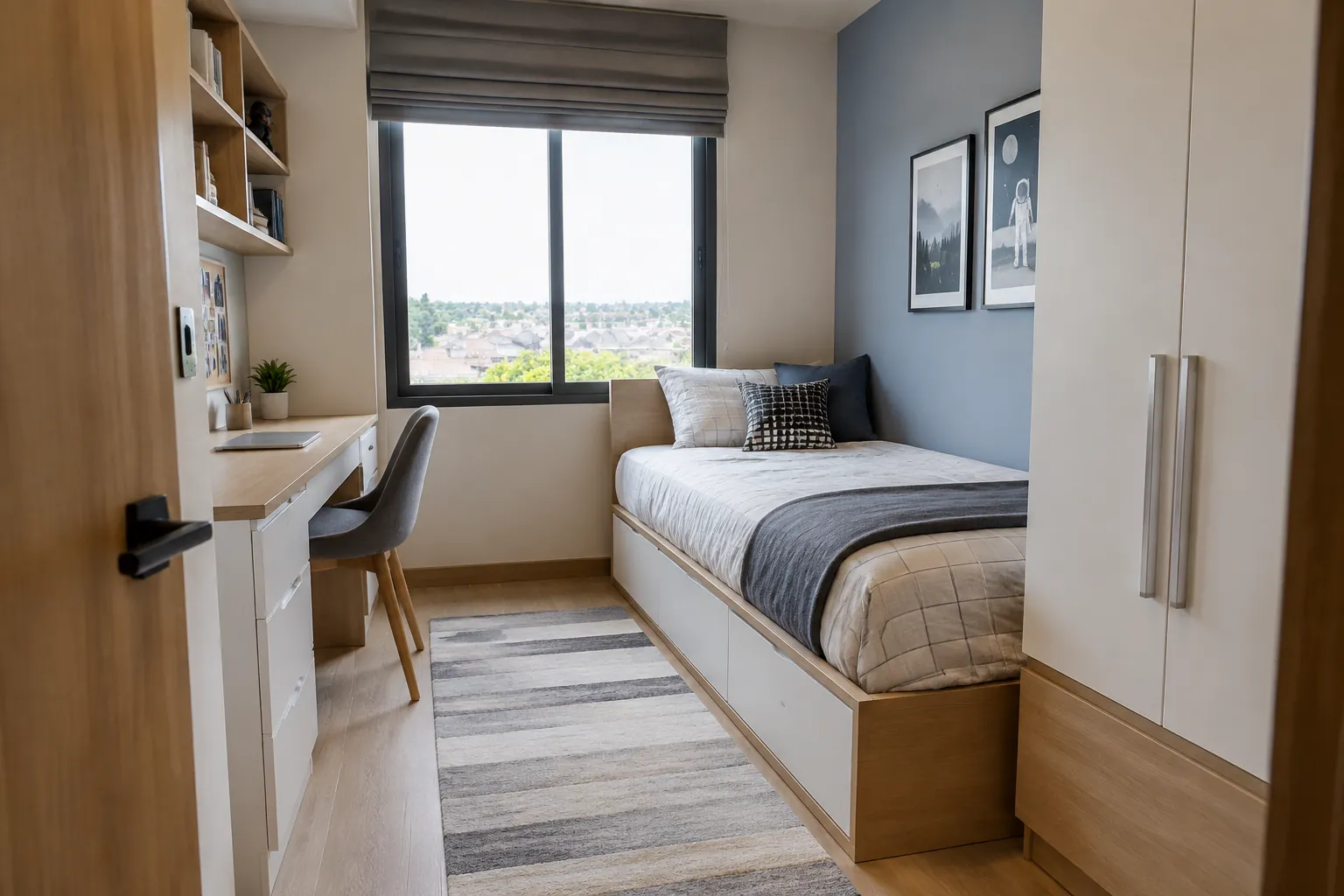Tempat tidur, meja, dan lemari ditempatkan sepanjang dinding kamar remaja yang sempit