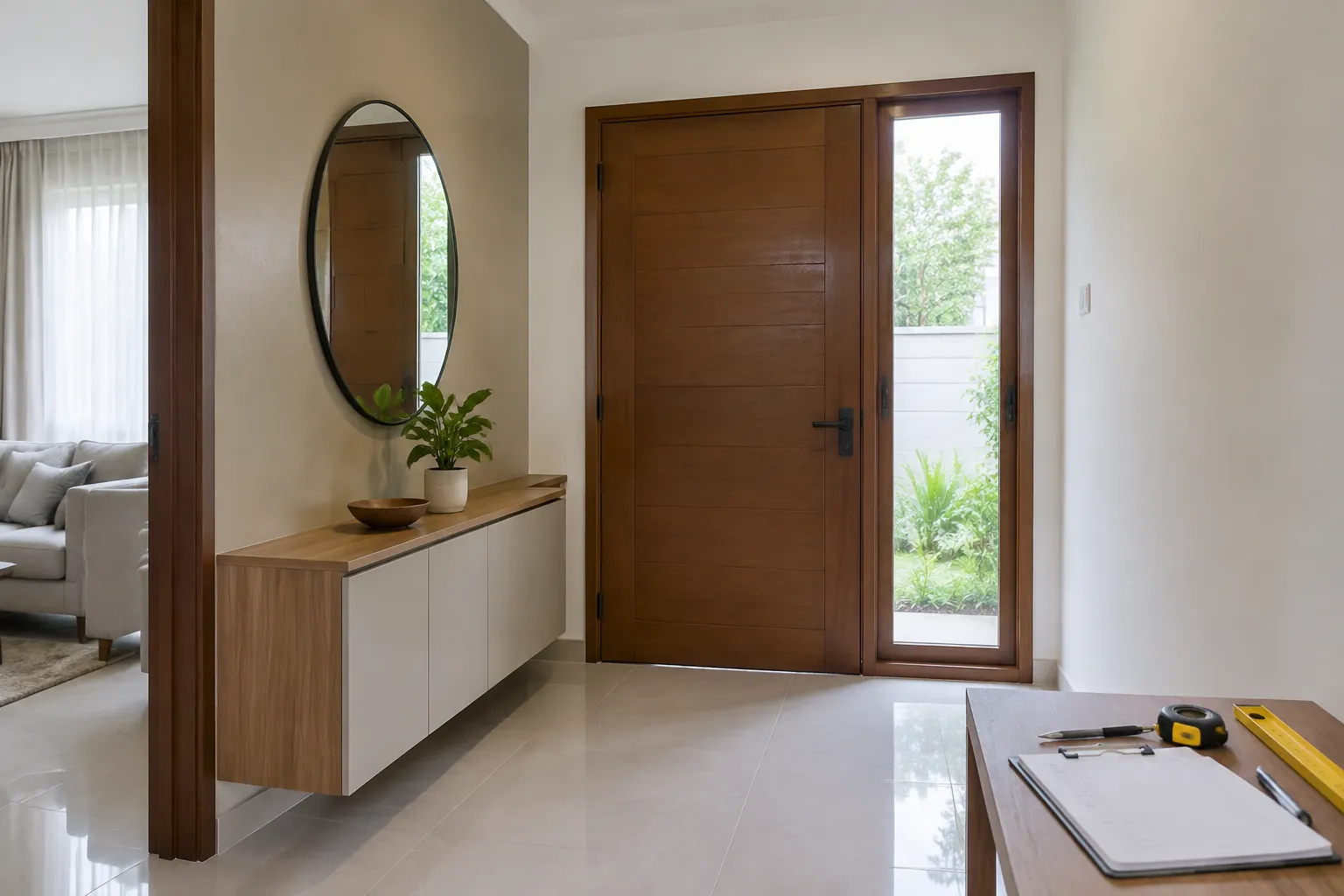Foyer dengan pintu kayu, dinding terang, dan meja konsol