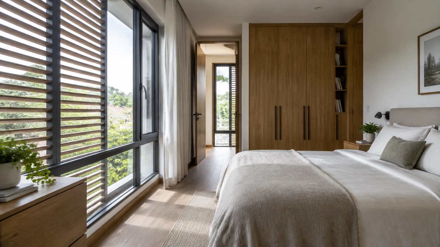 Jendela besar dan bilah fasad terlihat dari kamar tidur