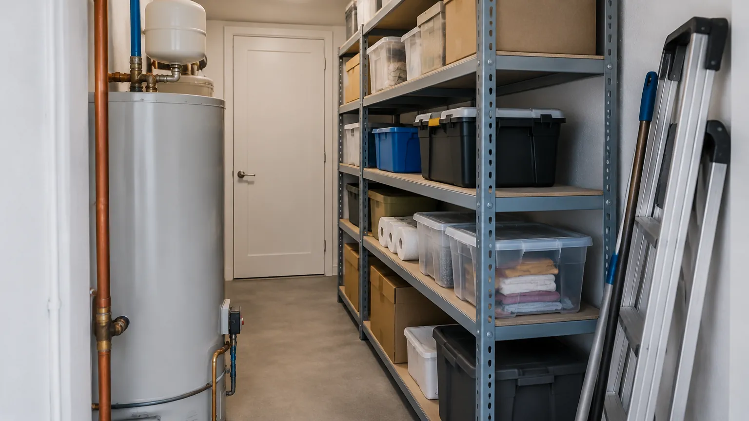 Ruang penyimpanan sempit dengan rak, pemanas air, dan tangga
