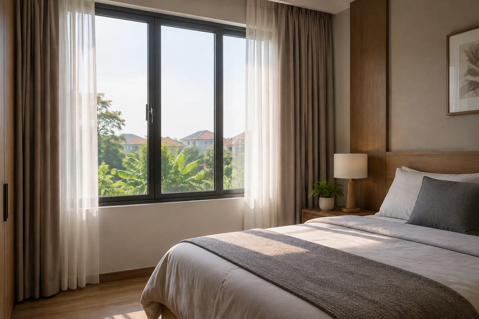 Jendela kamar tidur dengan tirai tipis dan pemandangan luar