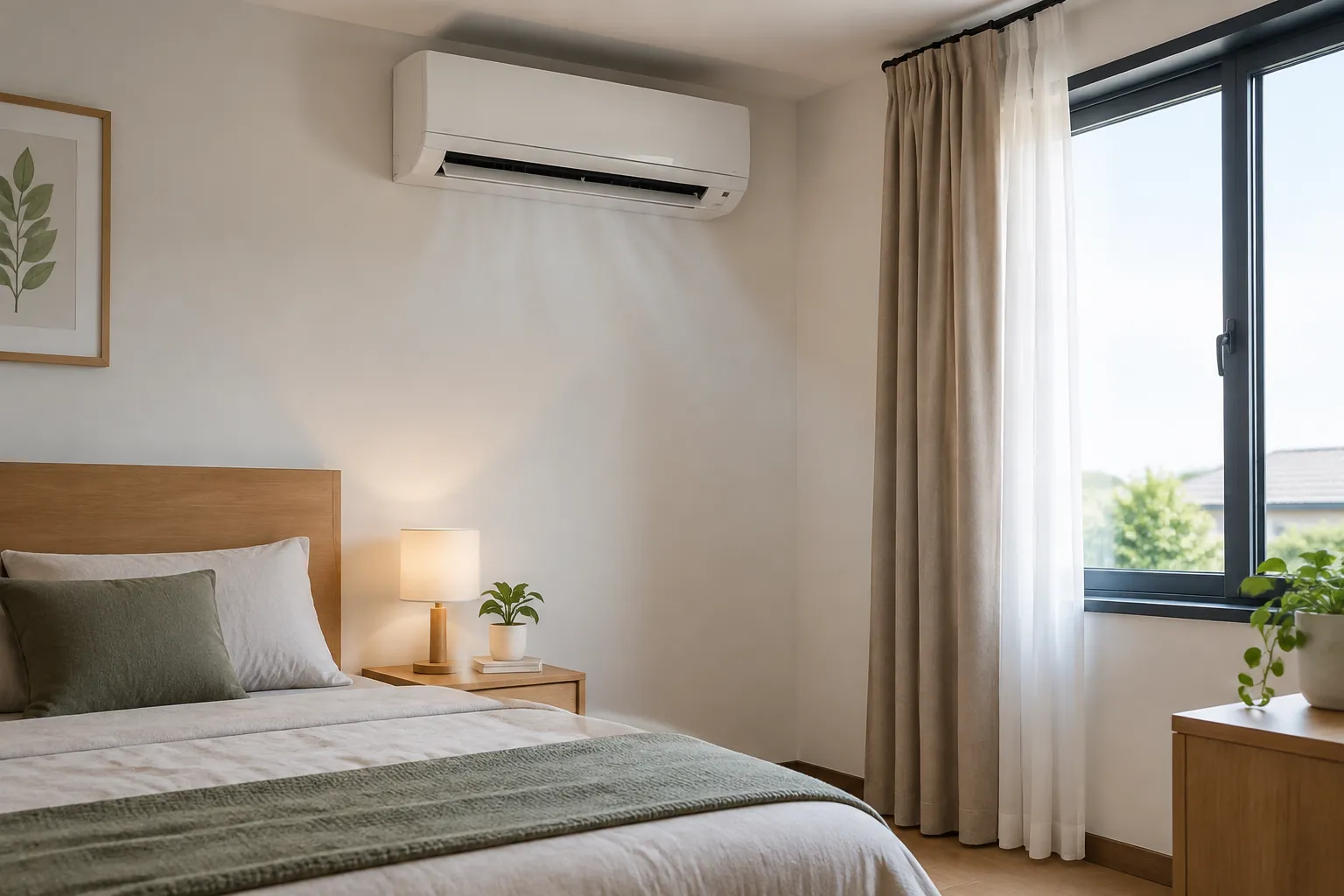 Pendingin udara terpasang di dinding kamar tidur