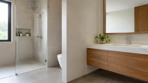 Partisi kaca memisahkan area pancuran dari bagian lain kamar mandi