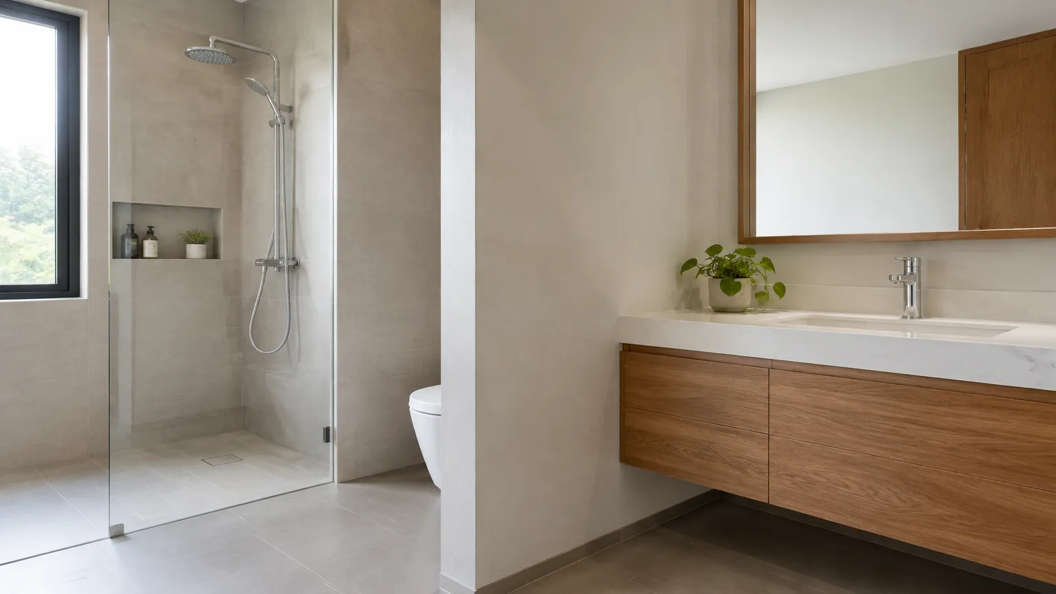 Partisi kaca memisahkan area pancuran dari bagian lain kamar mandi