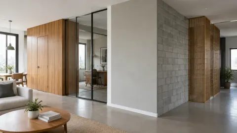 Partisi kayu, kaca, dan bidang padat pada area rumah