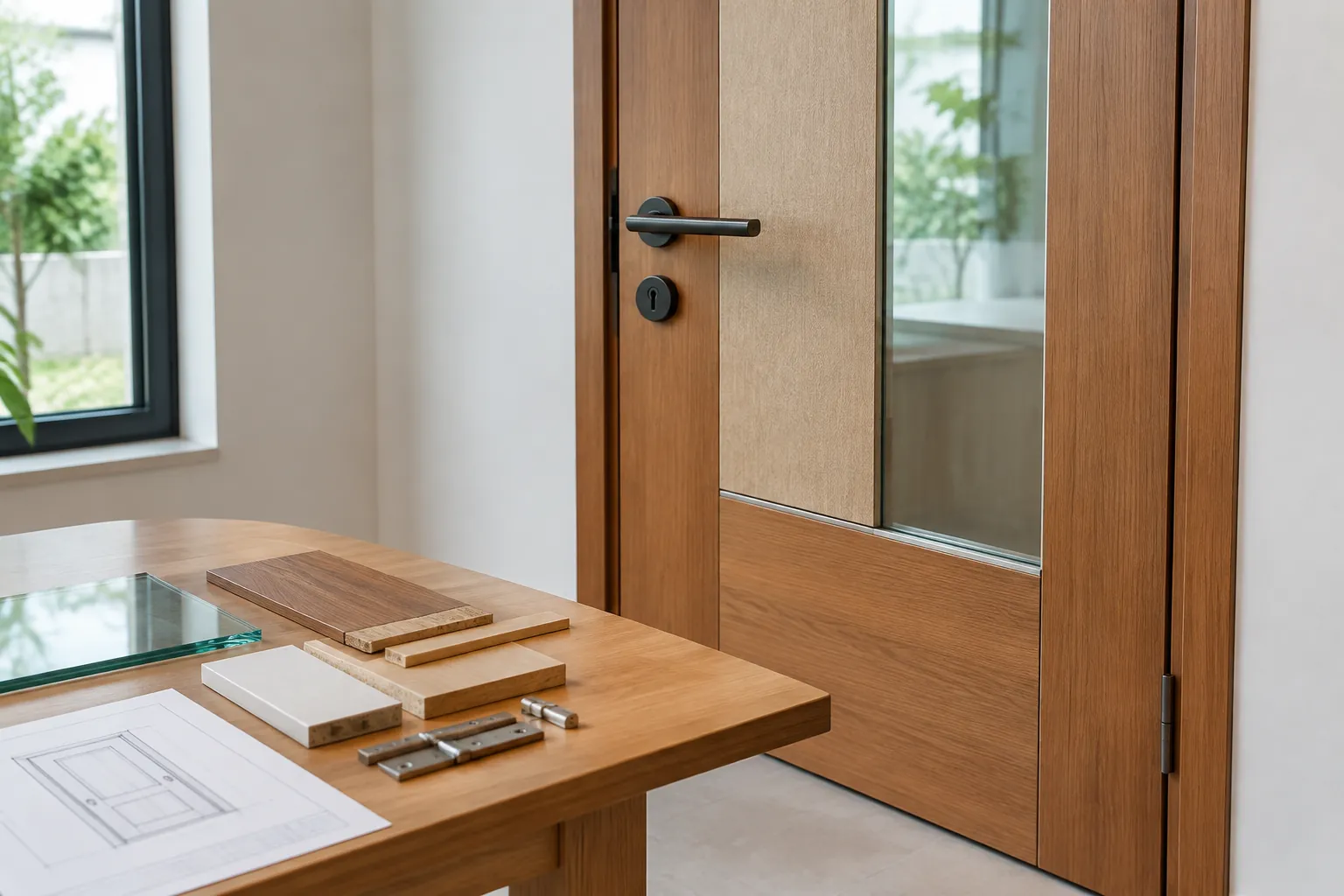 Pintu kayu dengan contoh bahan dan perangkat keras di meja