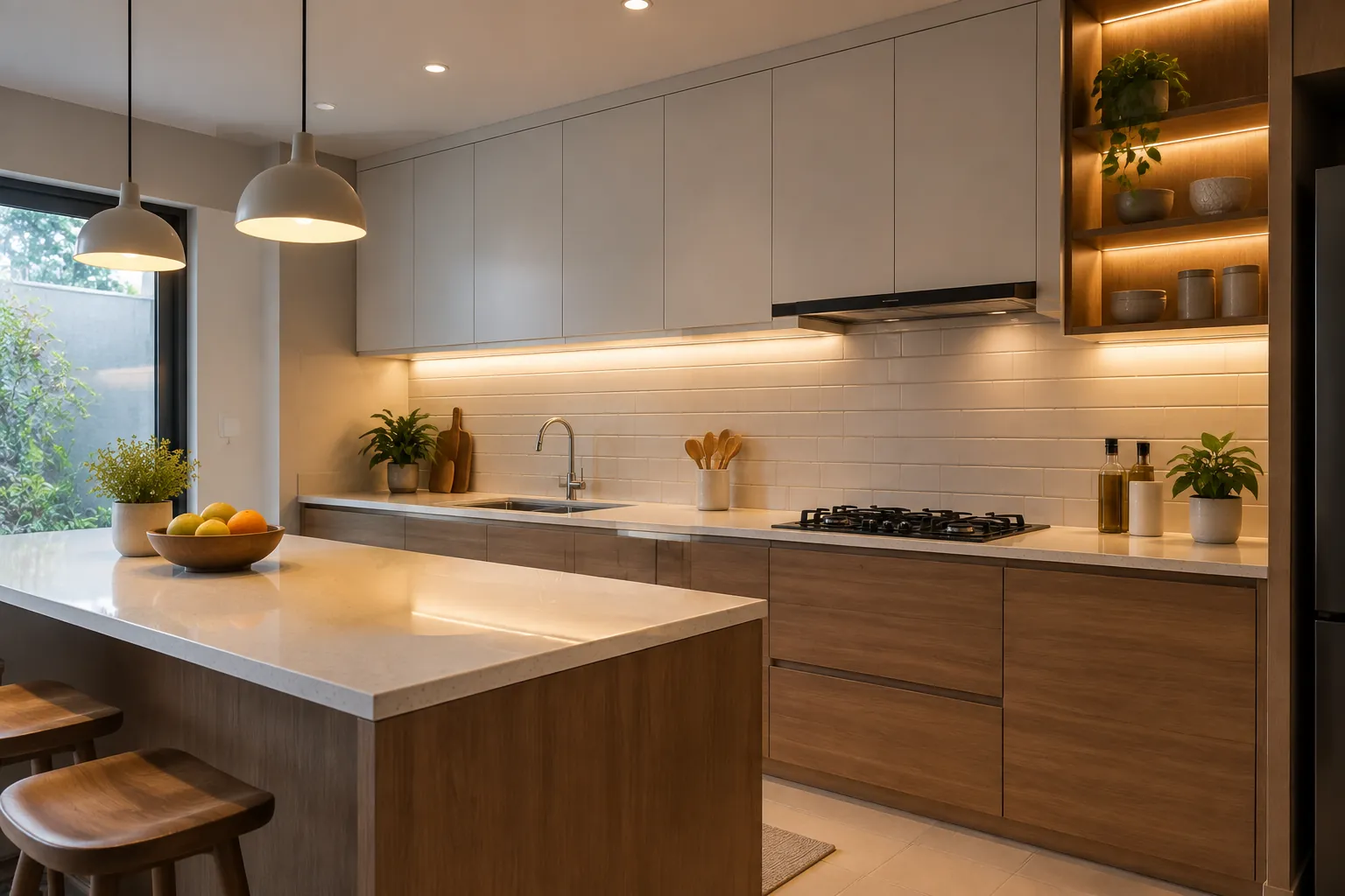 Dapur dengan lampu gantung, lampu kabinet, dan cahaya dari jendela