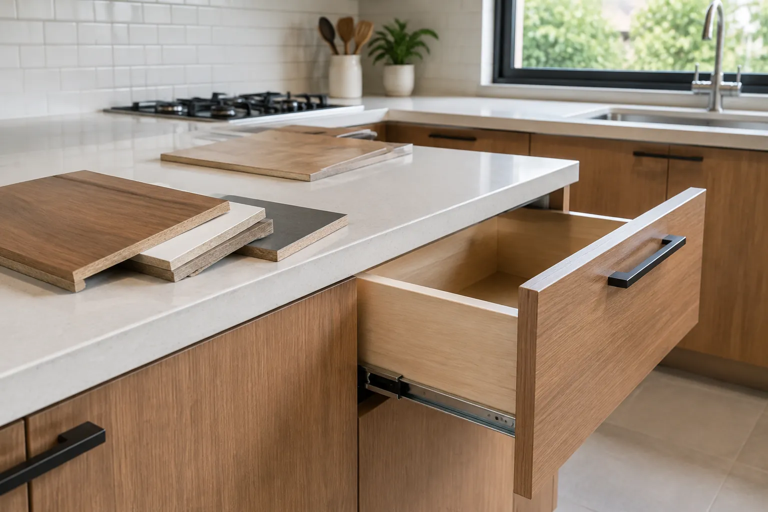 Laci kabinet dapur terbuka dengan contoh bahan di atas meja